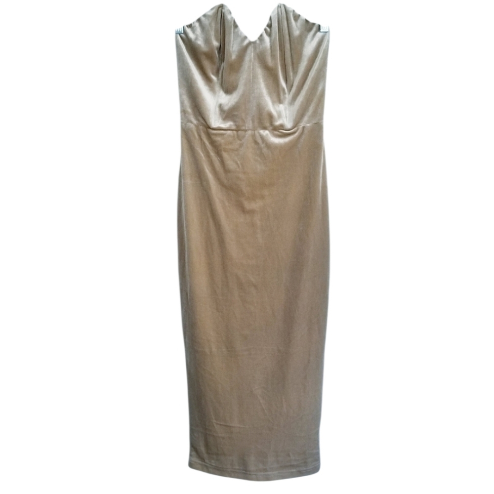 ABYSS By Abby Champagne Velvet Strapless Designer Formal Dress